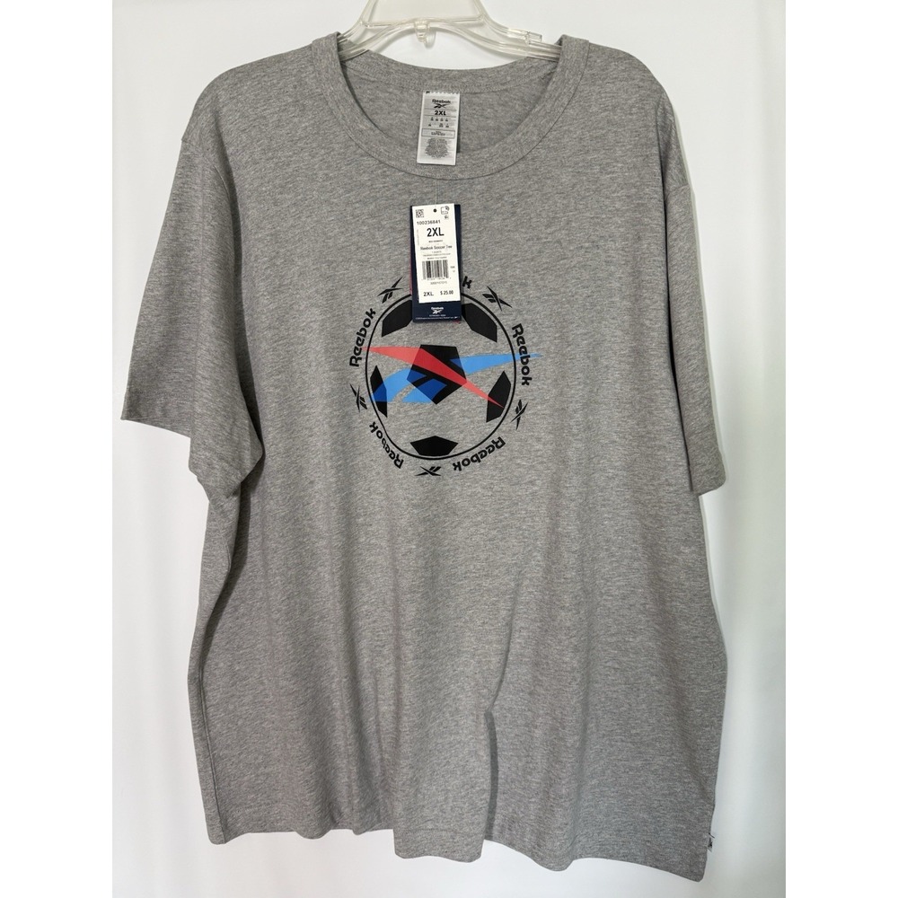 New Reebok Shirt Mens Gray Heathered Soccer Ball Graphic Logo Sportswear Tee 2XL